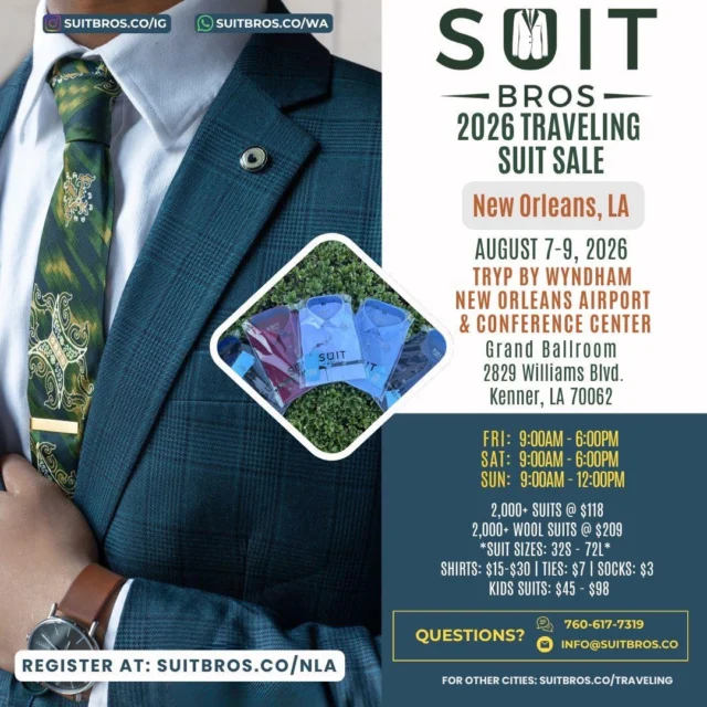 📣 Location Announcement & Giveaway Alert ‼️🚨We are excited to announce the location for our New Orleans, LA suit sale! Let’s get things rolling with you already know, a suit giveaway.To enter:
👔 Follow us @suitbros.co
👔 Like this post
👔 Tag 3 people in the event area
👔 Repost this flyer on your feed or story and DM us a screenshot of it.Winner announcement will be during the weekend of the show.3 winners will be chosen. You must complete all steps to enter to win.**Winners must come before noon on Sunday the weekend of the show to pickup the suit. If you live outside the area & chosen to be a winner, you can ‘gift the suit’. The recipient must pick up the suit in-person by Sunday noon.**This giveaway is not sponsored, endorsed or affiliated with Instagram.#SuitBros #SuitBrosCo #SuitBrosGiveaway #menssuits