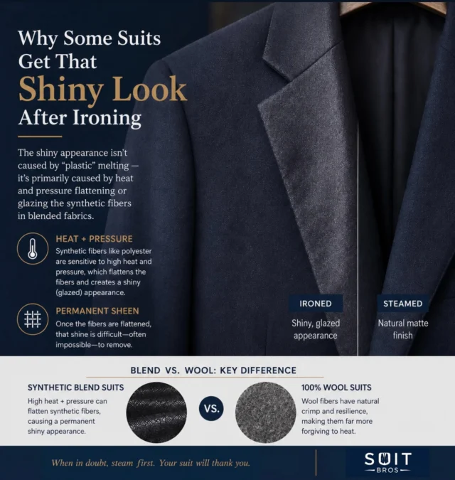 Noticed a shiny patch on your suit lapel? 🤔 It’s usually caused by too much heat from an iron, which can flatten and damage the fabric, especially blends. Skip the iron and use a steamer instead to keep your suit smooth, sharp, and shine-free.