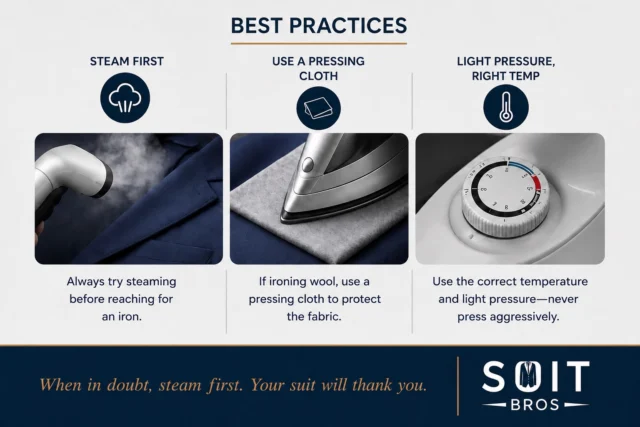 A great-looking suit doesn’t just start with the fit, it starts with proper care.Steaming is the safest way to remove wrinkles and relax the fabric without damaging the fibers. It helps your suit recover after every wear while maintaining its natural shape.A light iron is best reserved for the finishing touches, think lapels, trouser creases, cuffs, and collars. This adds a crisp, polished look without flattening or damaging the fabric.For 100% wool suits, steaming followed by a light press is the perfect combination. For blended suits, stick to steaming whenever possible, and if you do iron, use low heat with a pressing cloth to avoid unwanted shine.Steam first. Iron lightly. Your suit will thank you. 👌