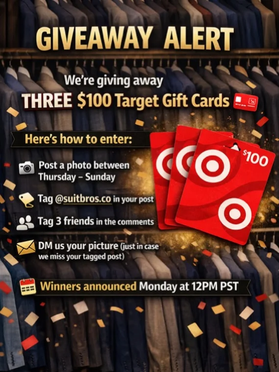 🔥 GIVEAWAY ALERT 🔥We’re giving away THREE $100 Target Gift Cards 💳Here’s how to enter:
📸 Post a photo of you/family in a suit between Thursday – Sunday
🏷 Tag @suitbros.co in your post
👥 Tag 3 friends in the comments
📩 DM us your photo (just in case we miss your tagged post)🗓 Winners announced Monday at 12PM PSTWhat we’re looking for:
✨ Attention to detail
🎨 Strong color balance
📍 Clean setting / background
🤵 Elegance with modestyMake it sharp. Make it classy. Make it YOU.Because style isn’t loud…
—it’s noticed without trying.#SuitBros #Giveaway