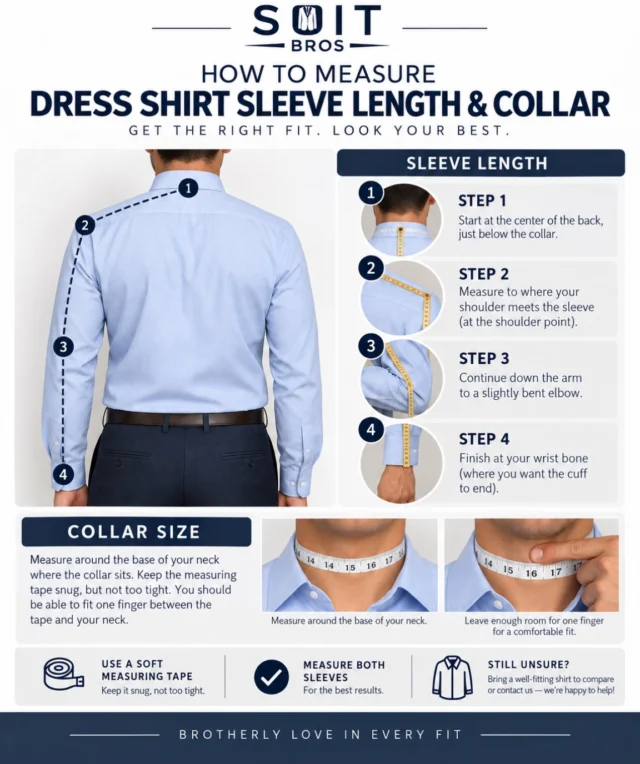 Ordering online? We’ve got you covered.Before choosing your size, take a few minutes to measure your neck and sleeve length. These two measurements are key to finding a dress shirt that fits comfortably around the collar and gives you the right amount of sleeve length.✨ Our tip: Don’t guess your size measure first!Shop our 4-way stretch dress shirts online 👉 suitbros.co/shop📦 Shop from home.
👔 Find your fit.
❤️ Get suited with Brotherly Love.