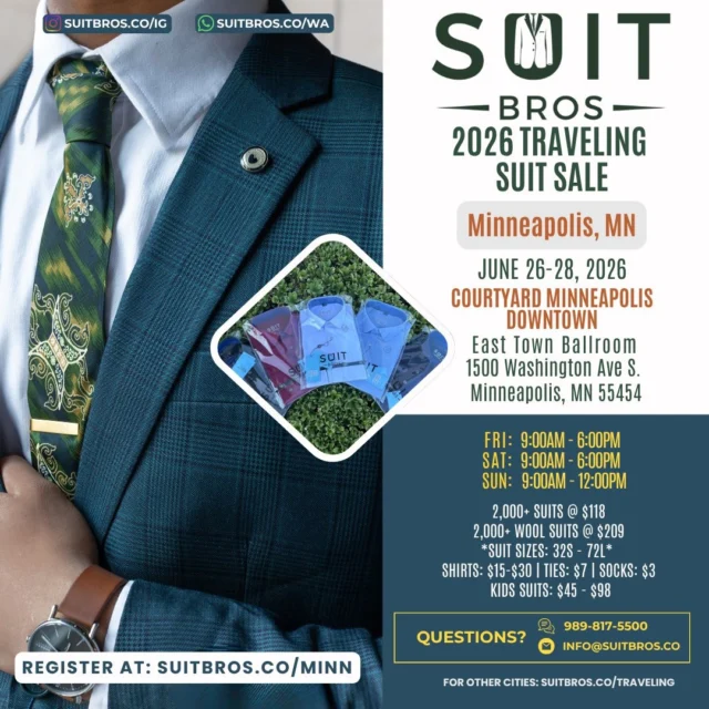 📣 Location Announcement & Giveaway Alert ‼️🚨We are excited to announce the location for our Minneapolis, MN suit sale! Let’s get things rolling with you already know, a suit giveaway.To enter:
👔 Follow us @suitbros.co
👔 Like this post
👔 Tag 3 people in the event area
👔 Repost this flyer on your feed or story and DM us a screenshot of it.Winner announcement will be during the weekend of the show.3 winners will be chosen. You must complete all steps to enter to win.**Winners must come before noon on Sunday the weekend of the show to pickup the suit. If you live outside the area & chosen to be a winner, you can ‘gift the suit’. The recipient must pick up the suit in-person by Sunday noon.**This giveaway is not sponsored, endorsed or affiliated with Instagram.#SuitBros #SuitBrosCo #SuitBrosGiveaway #menssuits