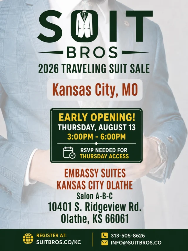 We know that not everyone’s schedule allows for a Friday–Sunday visit, so we’re making a very limited exception for our upcoming Kansas City suit sale.We will offer a limited Thursday, August 13, Early Access Shopping Window from 3:00 PM–6:00 PM. This is only for customers who are genuinely unable to attend during our regular sale dates.This early access window is intended only for those few that are unable to attend Friday-Sunday. If that applies to you, we’d be happy to welcome you early. If you’ve already registered for an appointment on Friday through Sunday, we ask that you please not register for Thursday.Space is limited and advance RSVP is required.We look forward to seeing you soon.