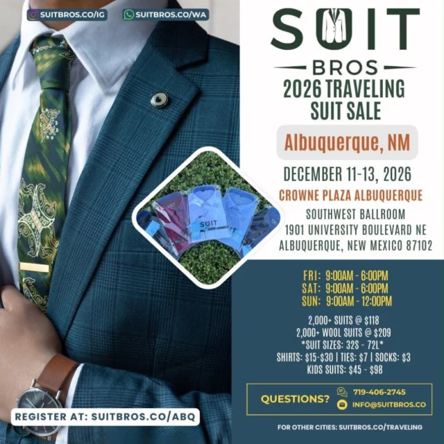 📣 Location Announcement & Giveaway Alert ‼️🚨We are excited to announce the location for our Albuquerque, NM suit sale! Let’s get rolling with you already know, a suit giveaway.To enter:
👔 Follow us @suitbros.co
👔 Like this post
👔 Tag 3 people in the event area
👔 Repost this flyer on your feed or story and DM us a screenshot of it.Winner announcement will be during the weekend of the show.3 winners will be chosen. You must complete all steps to enter to win.**Winners must come before noon on Sunday the weekend of the show to pickup the suit. If you live outside the area & chosen to be a winner, you can ‘gift the suit’. The recipient must pick up the suit in-person by Sunday noon.**This giveaway is not sponsored, endorsed or affiliated with Instagram.#SuitBros #SuitBrosCo #SuitBrosGiveaway #menssuits