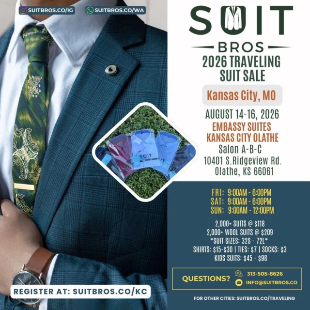 📣 Location Announcement & Giveaway Alert ‼️🚨We are excited to announce the location for our Kansas City, MO suit sale! Let’s get things rolling with you already know, a suit giveaway.To enter:
👔 Follow us @suitbros.co
👔 Like this post
👔 Tag 3 people in the event area
👔 Repost this flyer on your feed or story and DM us a screenshot of it.Winner announcement will be during the weekend of the show.3 winners will be chosen. You must complete all steps to enter to win.**Winners must come before noon on Sunday the weekend of the show to pickup the suit. If you live outside the area & chosen to be a winner, you can ‘gift the suit’. The recipient must pick up the suit in-person by Sunday noon.**This giveaway is not sponsored, endorsed or affiliated with Instagram.#SuitBros #SuitBrosCo #SuitBrosGiveaway #menssuits