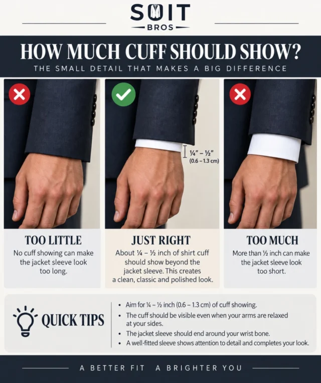 The little details make a BIG difference! ๐โจEver wonder how much of your dress shirt cuff should show beneath your suit jacket? The secret is ยผโยฝ inch of cuff for that clean, polished look.Too little or too much can throw off the entire look. Itโs all about getting the fit just right!Save this post for your next suit fitting, and remember, the right fit makes all the difference.๐