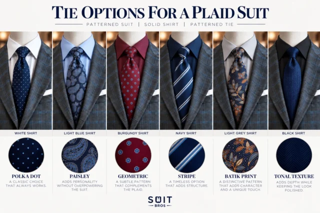 A plaid suit gives you plenty of room to have fun with the details. 👔From classic polka dots to bold paisleys, timeless stripes, and distinctive batik prints—the right tie can completely change the look.The rule? Patterned suit + solid shirt + patterned tie.
Now the only question is… which combination is your favorite? 👀✨ Love the Batik Print? Our Batik Ties are available for purchase at any Suit Bros event!👔 And those dress shirts? Every color featured on the mannequins is available at our events or online. Find your favorite color and build your perfect combination!#SuitBros #SuitStyle #SuitTips #TieStyle #PlaidSuit Menswear BatikTie DressShirts SuitBrosStyle