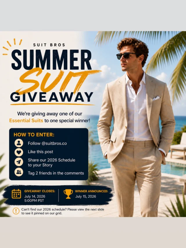 ☀️ SUMMER SUIT GIVEAWAY ☀️Ready to upgrade your look this summer?We’re giving away one of our $118 Essential Suits to one special winner!How to Enter:
✅ Follow @suitbros.co
✅ Like this post
✅ Share our 2026 Schedule to your Story
✅ Tag 2 friends in the commentsBonus Entries:
🔥 Every additional comment tagging 2 different friends = 1 extra entry!🗓️ Giveaway closes: July 14, 2026 at 5:00 PM PST
🎉 Winner announced: July 15, 2026Can’t find our 2026 Schedule? No worries! Check out the next slide to see it, or find it pinned on our profile grid.
