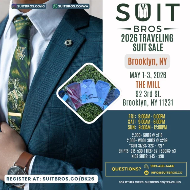 📣 Location Announcement & Giveaway Alert ‼️🚨We are excited to announce the location for our Brooklyn, NY suit sale! Let’s get things rolling with you already know, a suit giveaway.To enter:
👔 Follow us @suitbros.co
👔 Like this post
👔 Tag 3 people in the event area
👔 Repost this flyer on your feed or story and DM us a screenshot of it.Winner announcement will be during the weekend of the show.3 winners will be chosen. You must complete all steps to enter to win.**Winners must come before noon on Sunday the weekend of the show to pickup the suit. If you live outside the area & chosen to be a winner, you can ‘gift the suit’. The recipient must pick up the suit in-person by Sunday noon.**This giveaway is not sponsored, endorsed or affiliated with Instagram.#SuitBros #SuitBrosCo #SuitBrosGiveaway #menssuits