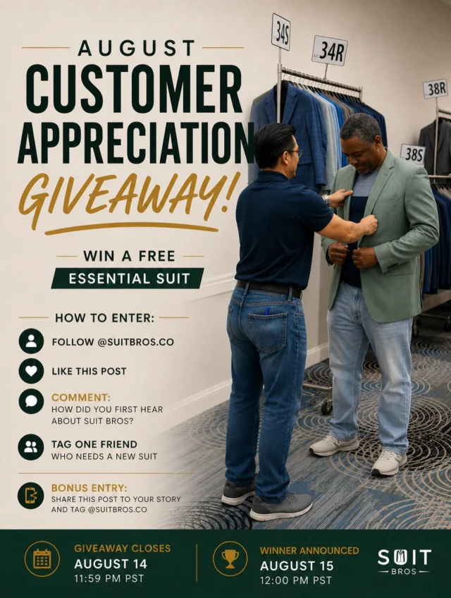 🎉 AUGUST CUSTOMER APPRECIATION GIVEAWAY! 🎉We’re saying thank you to our amazing Suit Bros family! ❤️Enter for a chance to WIN a FREE Essential Suit! 👔How to Enter:
✅ Follow @SuitBros.co
❤️ Like this post
💬 Comment: How did you first hear about Suit Bros?
🏷️ Tag one friend who needs a new suit.BONUS ENTRY:
📲 Share this post to your story and tag @SuitBros.co.Giveaway closed: August 14, 2026 @ 5:00 PST
Winner announced: August 15, 2026