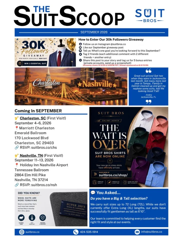The Suit Scoop is back! 🗞️✨
Round two is here, and we’ve got another fresh drop of Suit Bros news, style tips, behind-the-scenes moments, and everything happening in the world of Suit Bros.