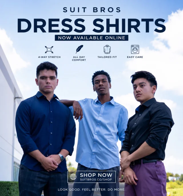 Comfort that looks sharp.Meet the Suit Bros 4-Way Stretch Dress Shirt designed to move with you while keeping you looking polished all day.✔️ 4-way stretch
✔️ Comfortable fit
✔️ Easy to dress up or down
✔️ Available in multiple colorsWhether you’re headed to work, a wedding, or a big event, look sharp without feeling restricted.Suit up. Stretch out. Stay comfortable.Shop online or see us at a Suit Bros Traveling Suit Sale.