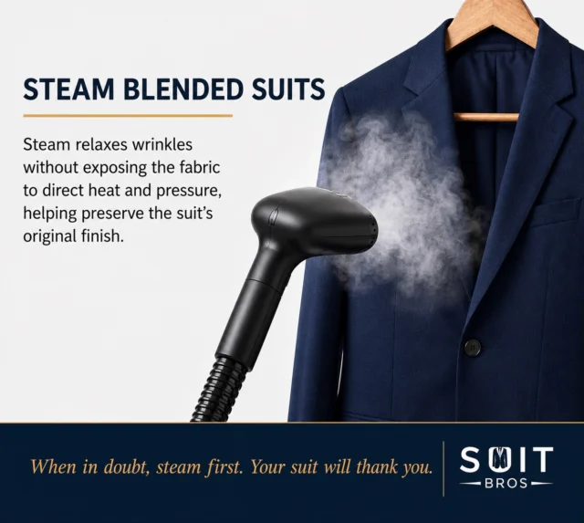 Not all suits are made the same.Many blended suits contain synthetic fibers that don’t react well to the direct heat of an iron. High heat can flatten the fibers and leave behind that unwanted shiny look—especially around the lapels, seams, and pockets.✨ A steamer is the safer choice.
It relaxes wrinkles with gentle steam, helping your suit keep its original texture, shape, and finish without the risk of heat damage.A few minutes with a steamer can help your suit look fresh, sharp, and ready for any occasion.Remember:
✔️ Blended suits = Steam
✔️ Wool suits = Steam or a light iron on the proper settingYour suit will thank you.