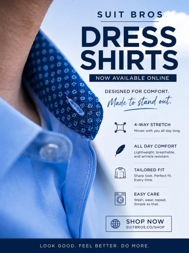 Your shirt should work as hard as you do.
Meet Suit Bros Dress Shirts: 4-way stretch, all-day comfort, a tailored fit, and easy care. Designed to keep you looking sharp without sacrificing comfort.Now available online.Shop now at suitbros.co/shop