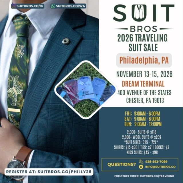 📣 Location Announcement & Giveaway Alert ‼️🚨We are excited to announce the location for our Philadelphia, PA suit sale! Let’s get rolling with you already know, a suit giveaway.To enter:
👔 Follow us @suitbros.co
👔 Like this post
👔 Tag 3 people in the event area
👔 Repost this flyer on your feed or story and DM us a screenshot of it.Winner announcement will be during the weekend of the show.3 winners will be chosen. You must complete all steps to enter to win.**Winners must come before noon on Sunday the weekend of the show to pickup the suit. If you live outside the area & chosen to be a winner, you can ‘gift the suit’. The recipient must pick up the suit in-person by Sunday noon.**This giveaway is not sponsored, endorsed or affiliated with Instagram.#SuitBros #SuitBrosCo #SuitBrosGiveaway #menssuits