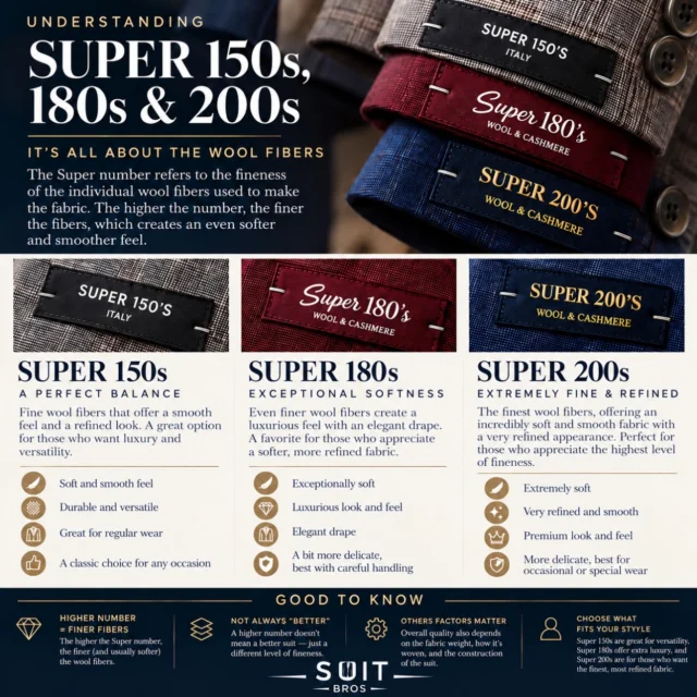 Ever wonder what the “Super” number means? 👀150s. 180s. 200s.
The higher the number, the finer the wool. 🧵But higher doesn’t always mean better, just different.
Know your wool. Choose your style.#SuitBros #SuitStyle #Menswear #SuitTips