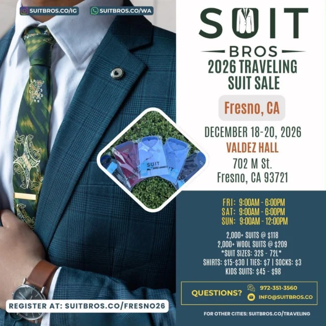 📣 Location Announcement & Giveaway Alert ‼️🚨We are excited to announce the location for our Fresno, CA suit sale! Let’s get rolling with you already know, a suit giveaway.To enter:
👔 Follow us @suitbros.co
👔 Like this post
👔 Tag 3 people in the event area
👔 Repost this flyer on your feed or story and DM us a screenshot of it.Winner announcement will be during the weekend of the show.3 winners will be chosen. You must complete all steps to enter to win.**Winners must come before noon on Sunday the weekend of the show to pickup the suit. If you live outside the area & chosen to be a winner, you can ‘gift the suit’. The recipient must pick up the suit in-person by Sunday noon.**This giveaway is not sponsored, endorsed or affiliated with Instagram.#SuitBros #SuitBrosCo #SuitBrosGiveaway #menssuits