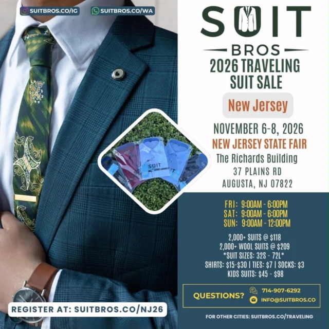Location Announcement & Giveaway Alert ‼️🚨We are excited to announce the location for our New Jersey suit sale! Let’s get rolling with you already know, a suit giveaway.To enter:
👔 Follow us @suitbros.co
👔 Like this post
👔 Tag 3 people in the event area
👔 Repost this flyer on your feed or story and DM us a screenshot of it.Winner announcement will be during the weekend of the show.3 winners will be chosen. You must complete all steps to enter to win.**Winners must come before noon on Sunday the weekend of the show to pickup the suit. If you live outside the area & chosen to be a winner, you can ‘gift the suit’. The recipient must pick up the suit in-person by Sunday noon.**This giveaway is not sponsored, endorsed or affiliated with Instagram.#SuitBros #SuitBrosCo #SuitBrosGiveaway #menssuits