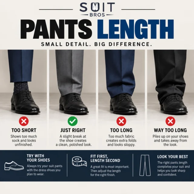 It’s all in the details. 👌🏽The right suit pants length can make the difference between looking polished and looking sloppy.A good rule of thumb? Look for a slight break at the shoe. Not too short. Not swimming in fabric. Just the right amount.And remember: FIT FIRST. LENGTH SECOND.Save this post for your next suit fitting! 📌#SuitBros #SuitTips #Menswear #SuitStyle #MensFashion SuitFit MensStyle DressForSuccess