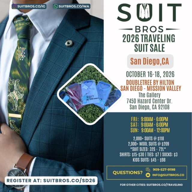 📣 Location Announcement & Giveaway Alert ‼️🚨We are excited to announce the location for our San Diego, CA suit sale! Let’s get things rolling with you already know, a suit giveaway.To enter:
👔 Follow us @suitbros.co
👔 Like this post
👔 Tag 3 people in the event area
👔 Repost this flyer on your feed or story and DM us a screenshot of it.Winner announcement will be during the weekend of the show.3 winners will be chosen. You must complete all steps to enter to win.**Winners must come before noon on Sunday the weekend of the show to pickup the suit. If you live outside the area & chosen to be a winner, you can ‘gift the suit’. The recipient must pick up the suit in-person by Sunday noon.**This giveaway is not sponsored, endorsed or affiliated with Instagram.#SuitBros #SuitBrosCo #SuitBrosGiveaway #menssuits