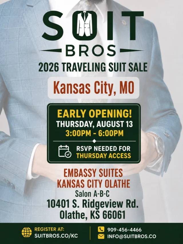 We know that not everyone’s schedule allows for a Friday–Sunday visit, so we’re making a very limited exception for our upcoming Kansas City suit sale.As we finish setting up before opening on Friday morning, we will offer a limited Thursday, August 13, Early Access Shopping Window from 3:00 PM–6:00 PM. This is only for customers who are genuinely unable to attend during our regular sale dates.This early access window is intended only for those few that are unable to attend Friday-Sunday. If that applies to you, we’d be happy to welcome you early. If you’ve already registered for an appointment on Friday through Sunday, we ask that you please not register for Thursday.Space is limited and advance RSVP is required.We look forward to seeing you soon.